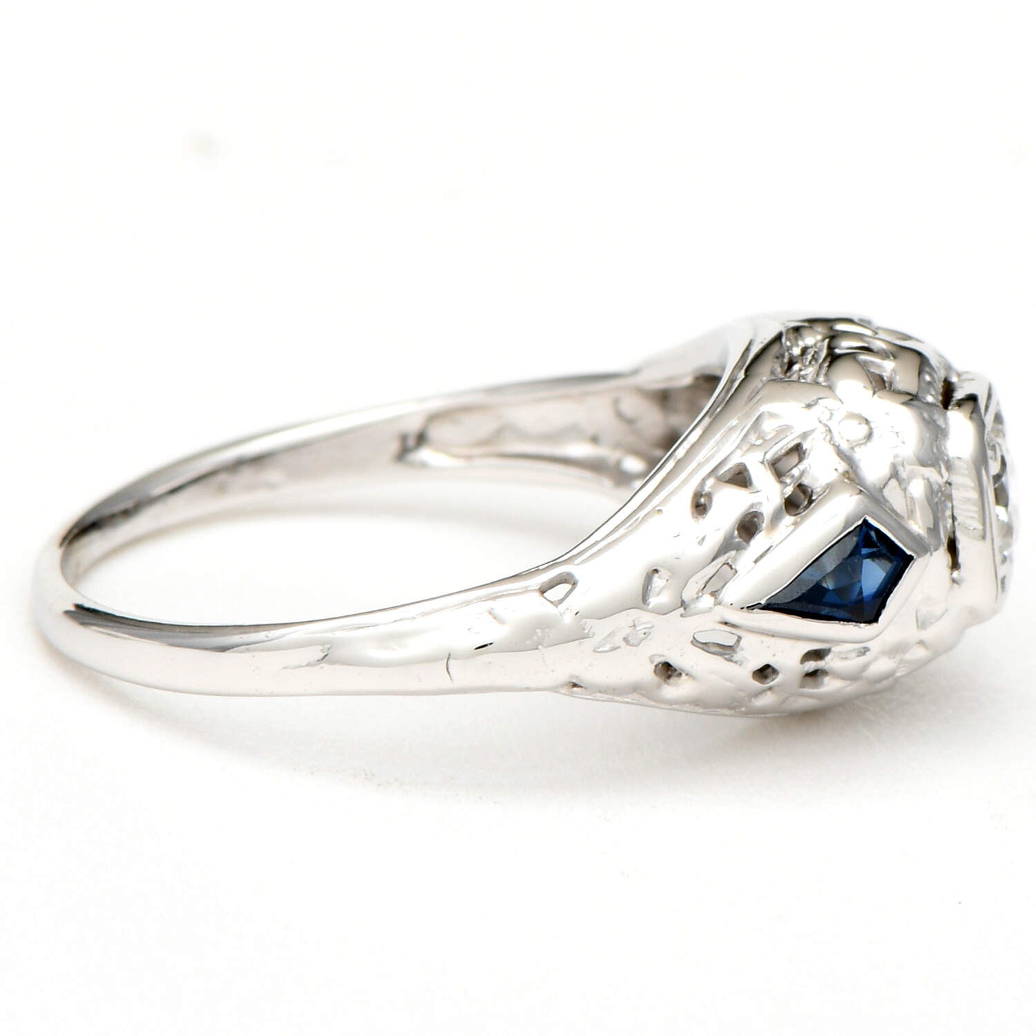 14KW Art Deco Diamond(0.16) & Synthetic Sapphire Ring-4