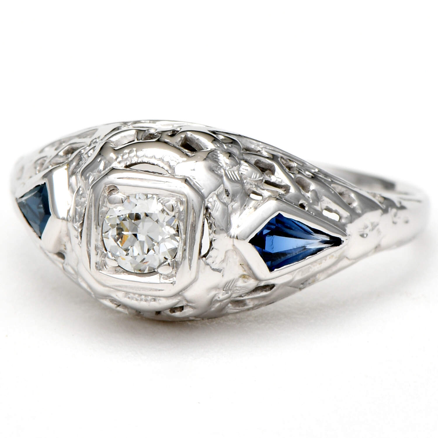 14KW Art Deco Diamond(0.16) & Synthetic Sapphire Ring-1