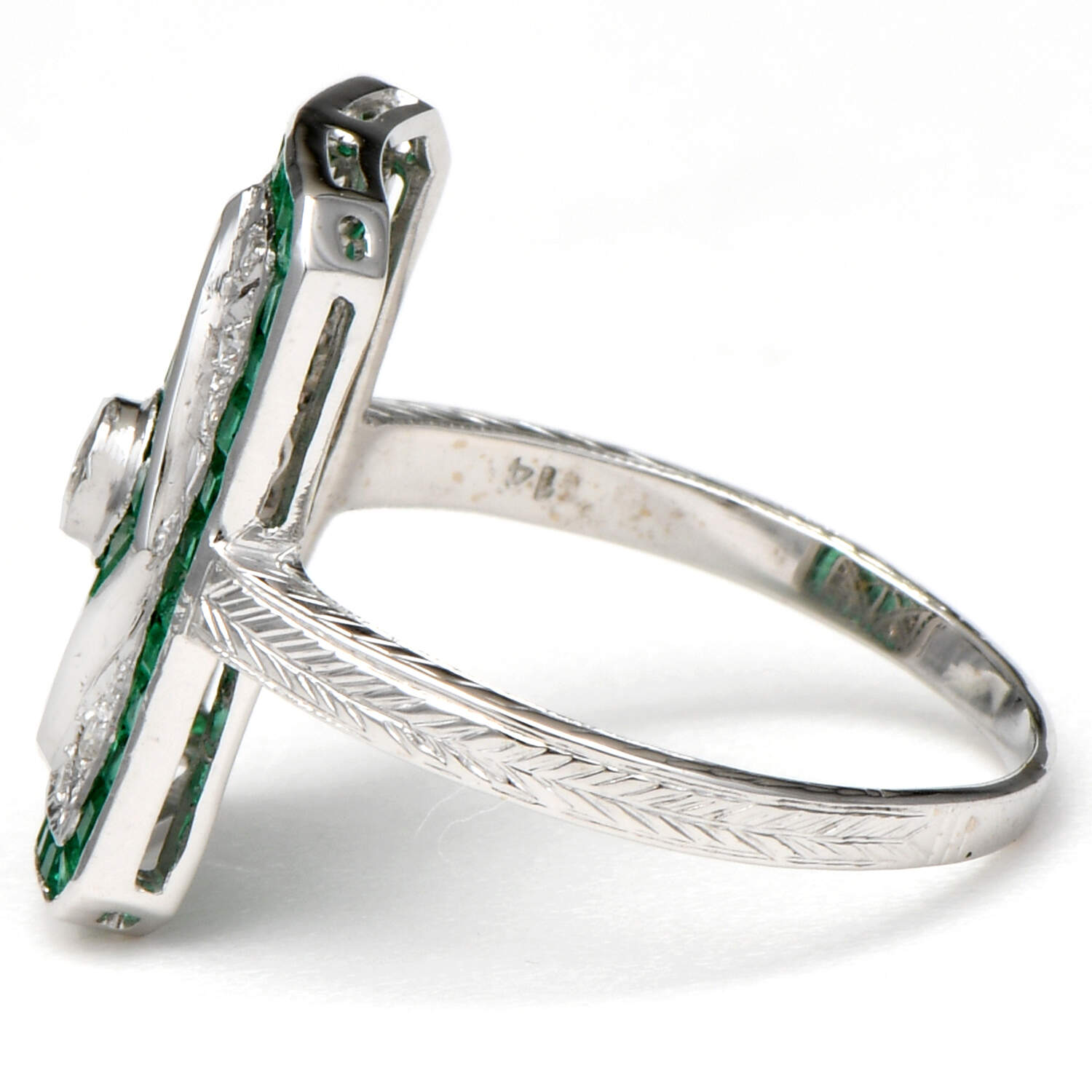 18KW Art Deco Emerald(1.38) & Diamond(0.18) Shield Ring-3