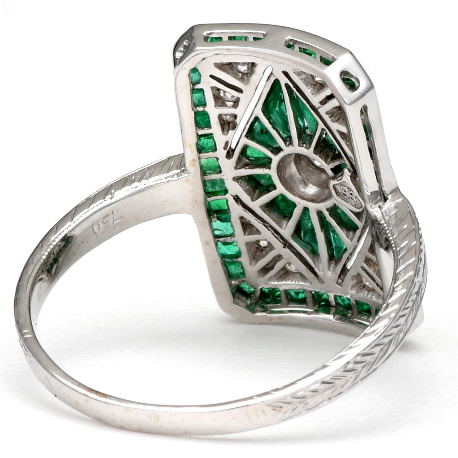 18KW Art Deco Emerald(1.38) & Diamond(0.18) Shield Ring-2