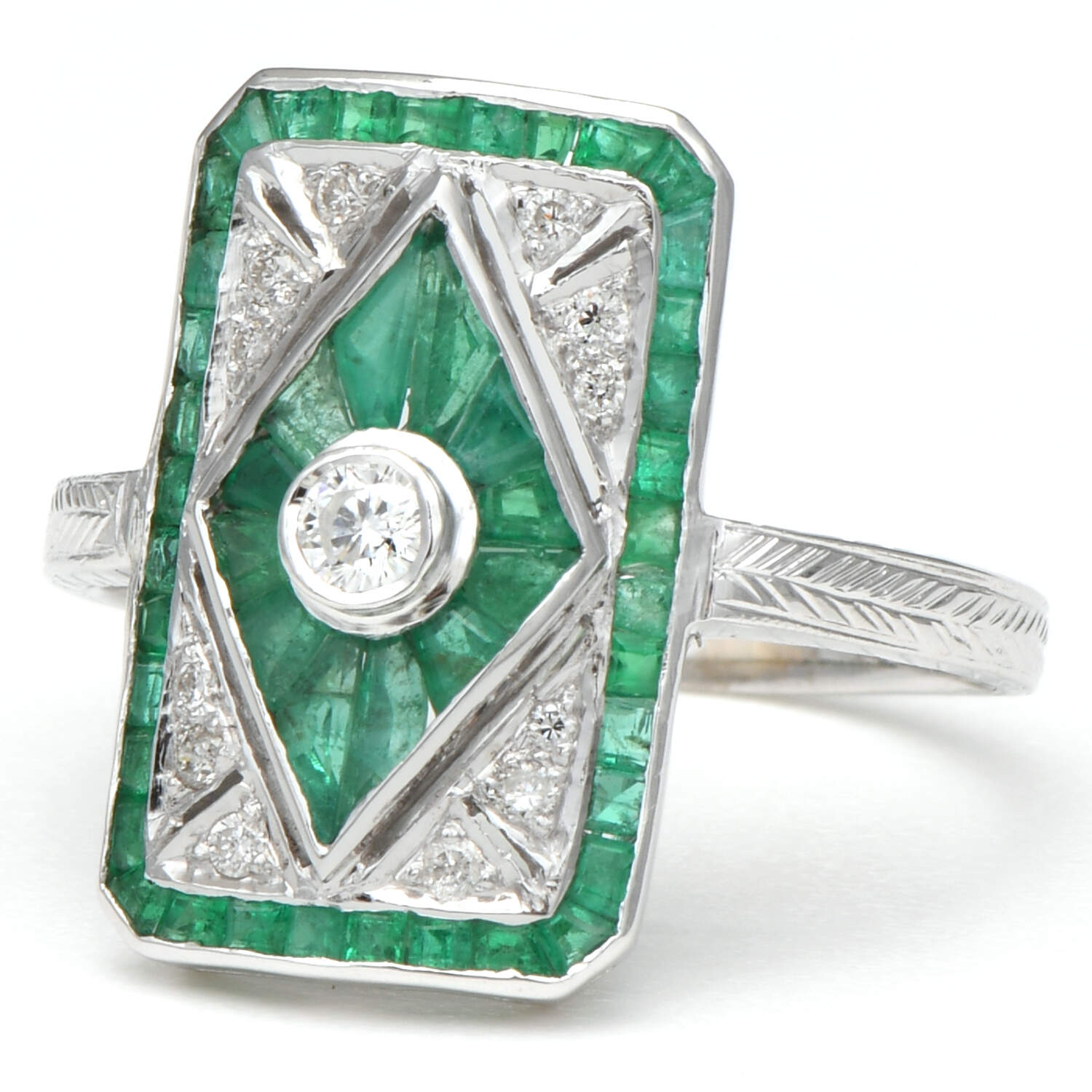 18KW Art Deco Emerald(1.38) & Diamond(0.18) Shield Ring-1
