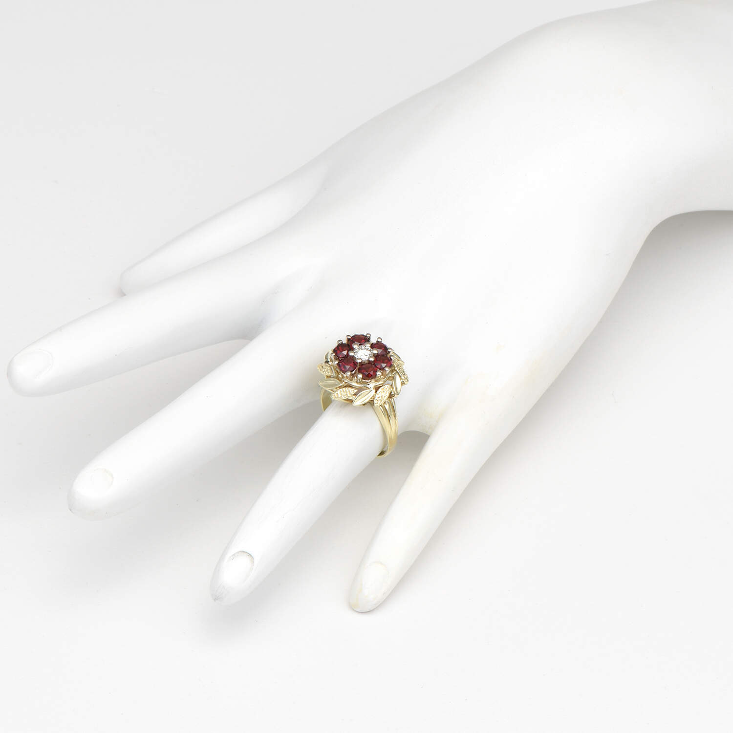 14KY Vintage Garnet (1.25) & Diamond (0.18) Floral Ring-6