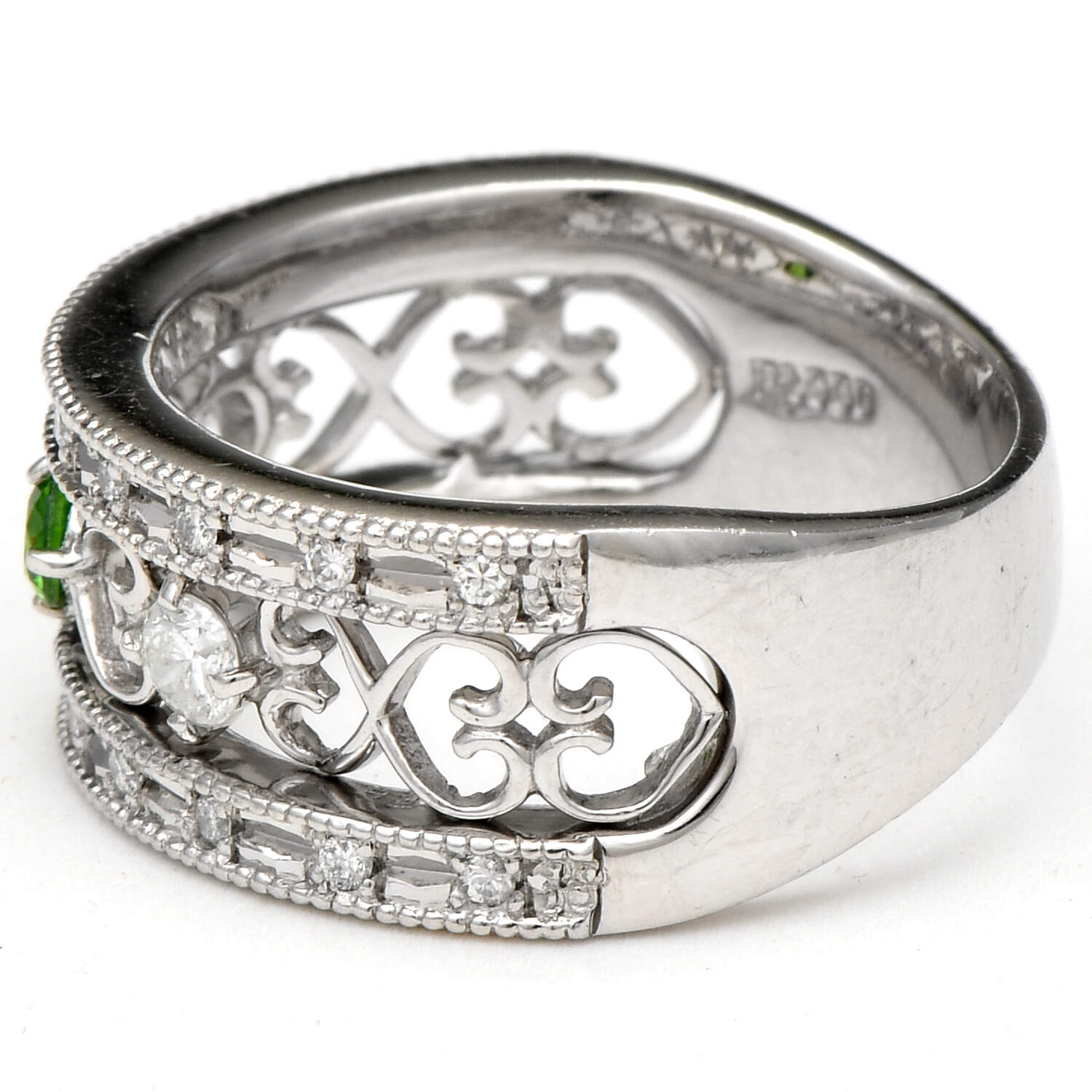 Platium Tsavorite Garnet(0.10) & Diamond(0.34) Open Heart Band Ring-3