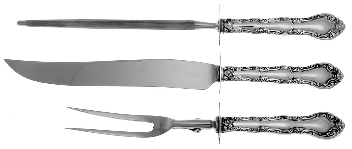 French Scroll (Sterling, 1953) (3 Pc)Carving Set-Lg Stnbl/Roast w/Sterling Guard by Alvin-1