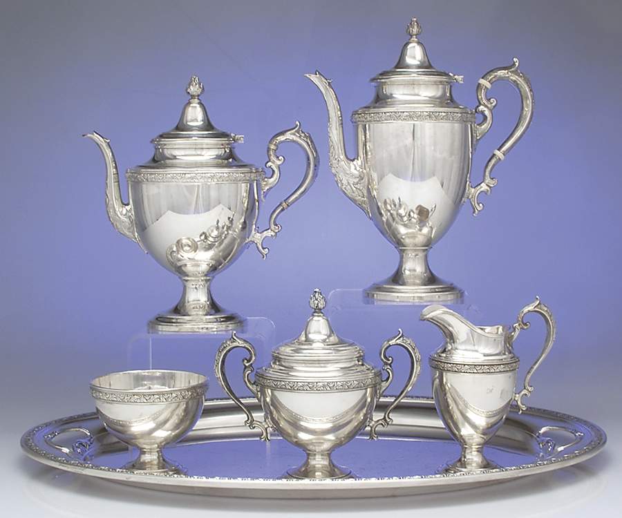 Chased Romantique (Sterling Holloware) 6 Piece Tea Set (SCP, STP, SCR, SSU, SWB, WTL) by Alvin-1