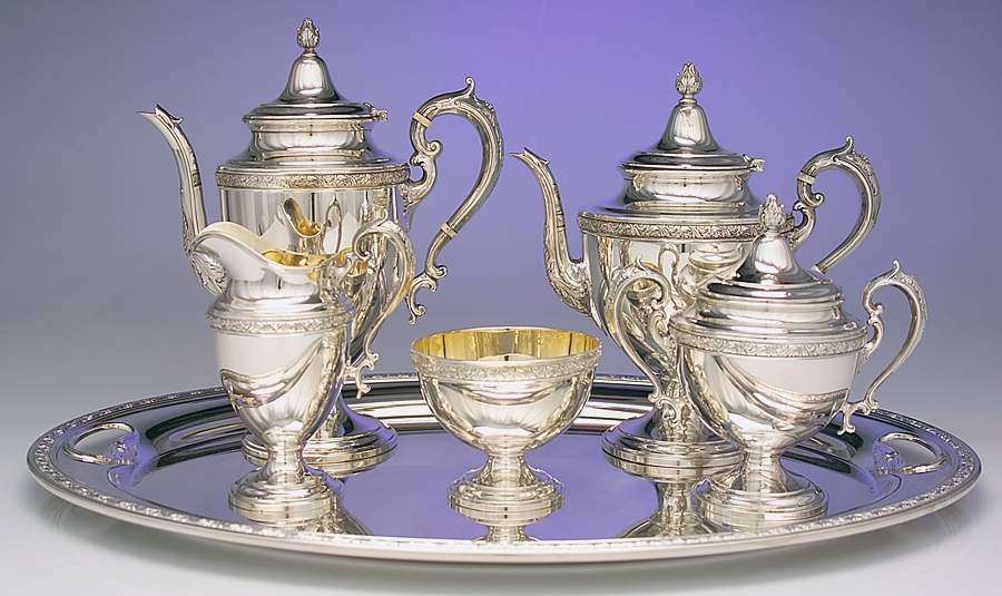 Chased Romantique (Sterling Holloware) 6 Piece Tea Set (SCP, STP, SCR, SSU, SWB, PWT) by Alvin-1