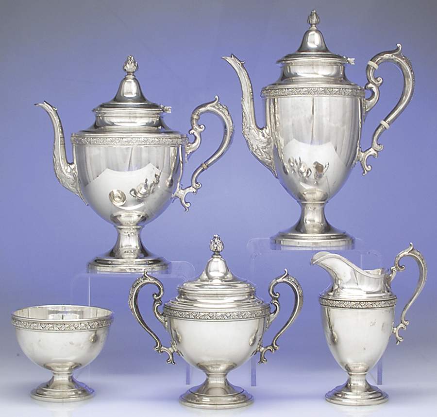 Chased Romantique (Sterling Holloware) 5 Piece Tea Set (SCP, STP, SCR, SSU, SWB) by Alvin-1