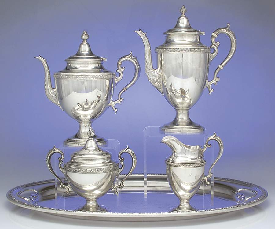 Chased Romantique (Sterling Holloware) 5 Piece Tea Set (SCP, STP, SCR, SSU, WTL) by Alvin-1