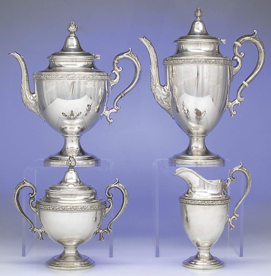 Chased Romantique (Sterling Holloware) 4 Piece Tea Set (SCP, STP, SCR, SSU) by Alvin-1