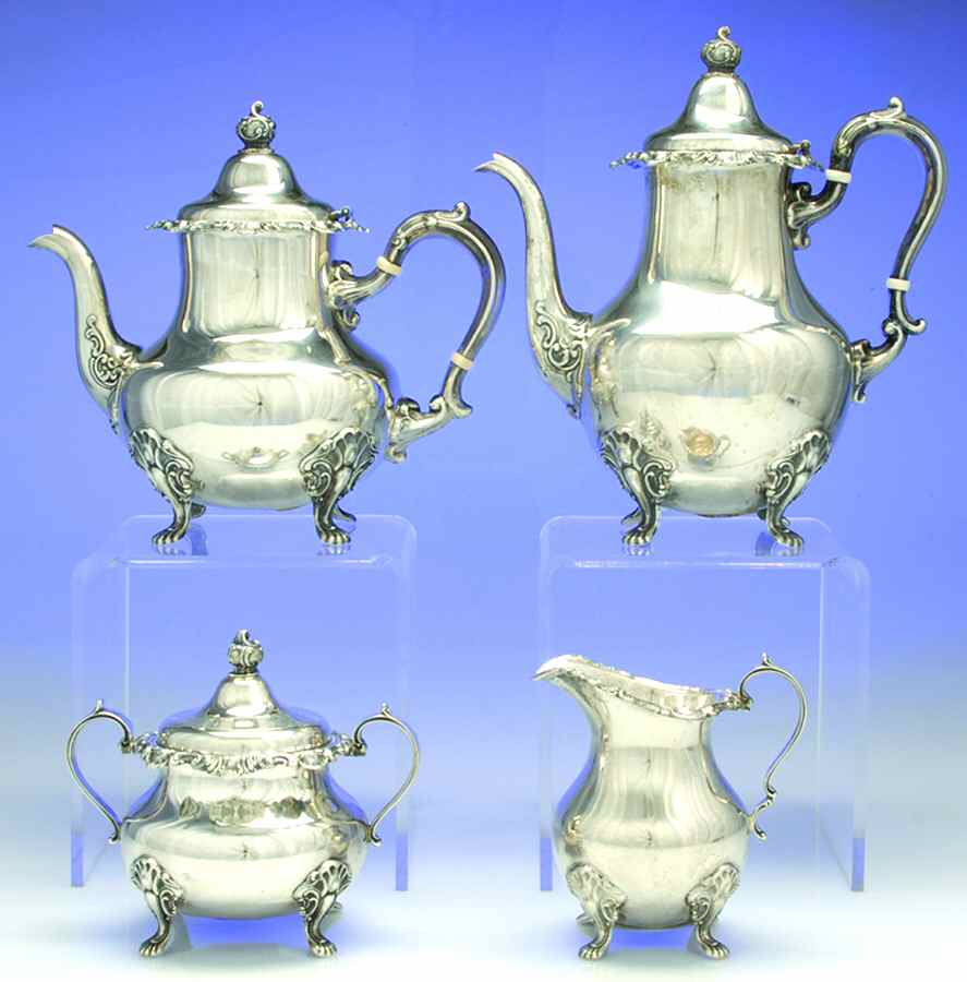 French Scroll (Sterling, 1953, Hollowware) 4 Piece Tea Set (SCP, STP, SCR, SSU) by Alvin-1
