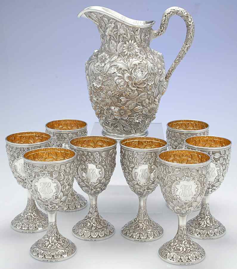 Repousse (Sterling, Hollowware) 9 Piece Set (Pitcher, 8 Goblet) by AG Schultz-1