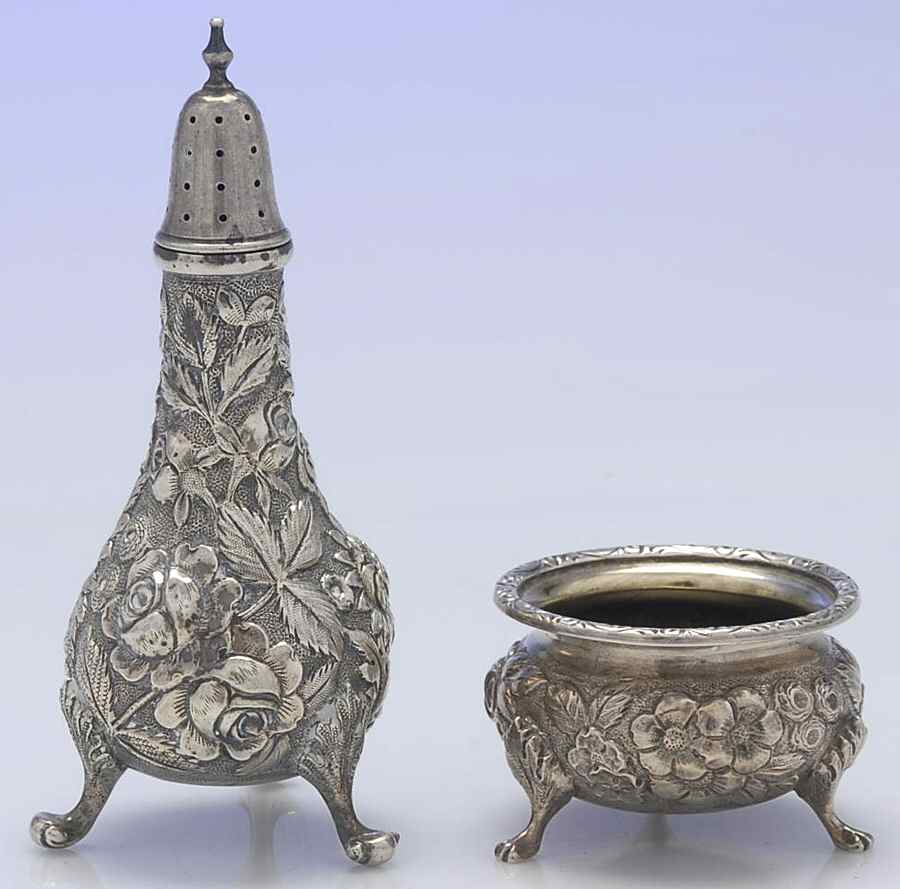 Repousse (Sterling, Hollowware) Open Salt Master & Pepper Shaker Set by AG Schultz-1