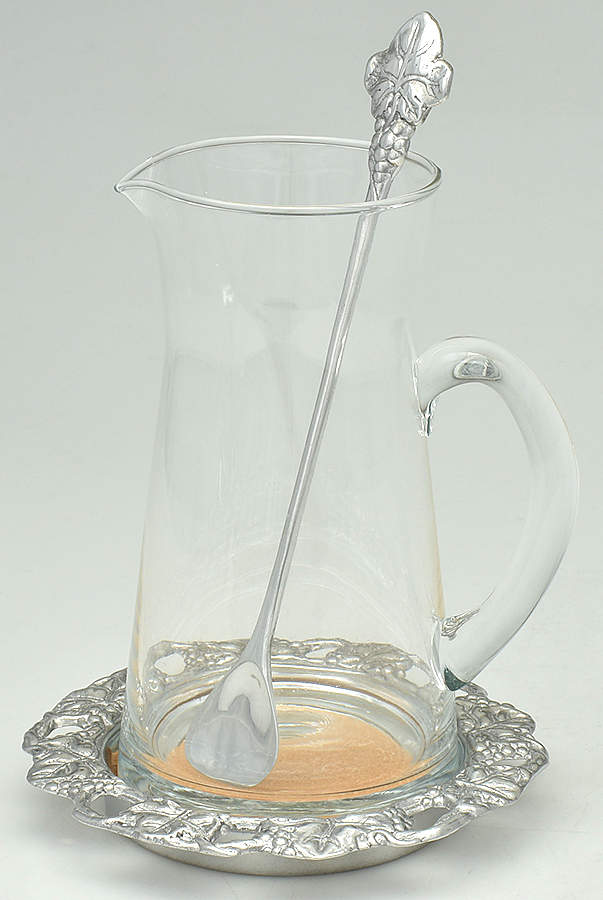 Grape (Aluminum, Hollowware) 40 Oz Glass Pitcher with Coaster & Stirrer Set by Arthur Court-1