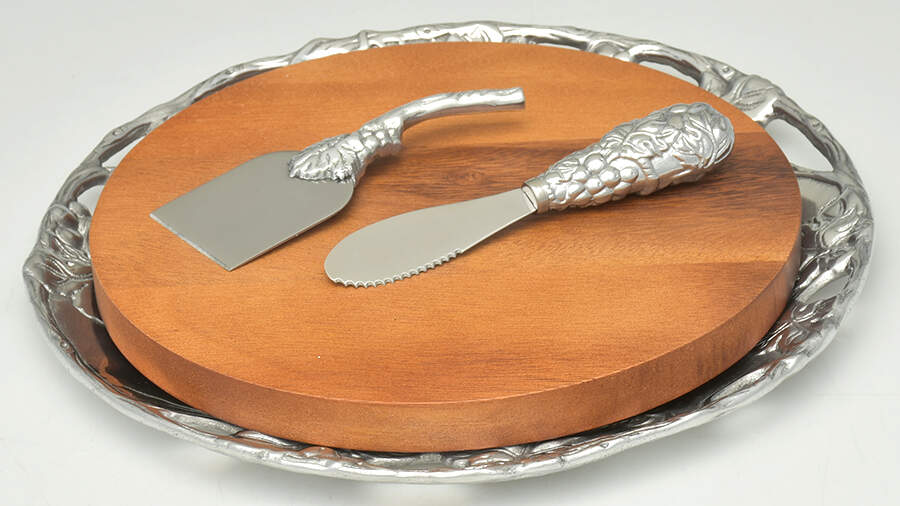 Grape (Aluminum, Hollowware) (2pc) Cheese Set (CHEHK & CHESK) with Round Wood Tray by Arthur Court-1