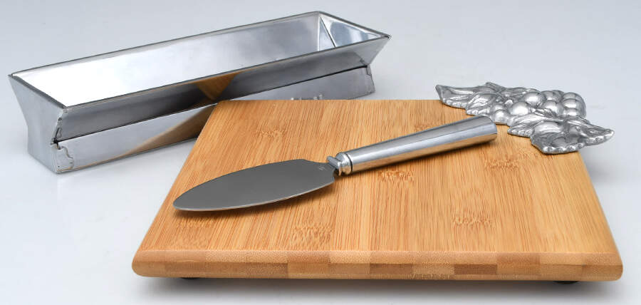 Grape (Aluminum, Hollowware) Wood Cheese Board & Cracker Tray with Knife Set by Arthur Court-1