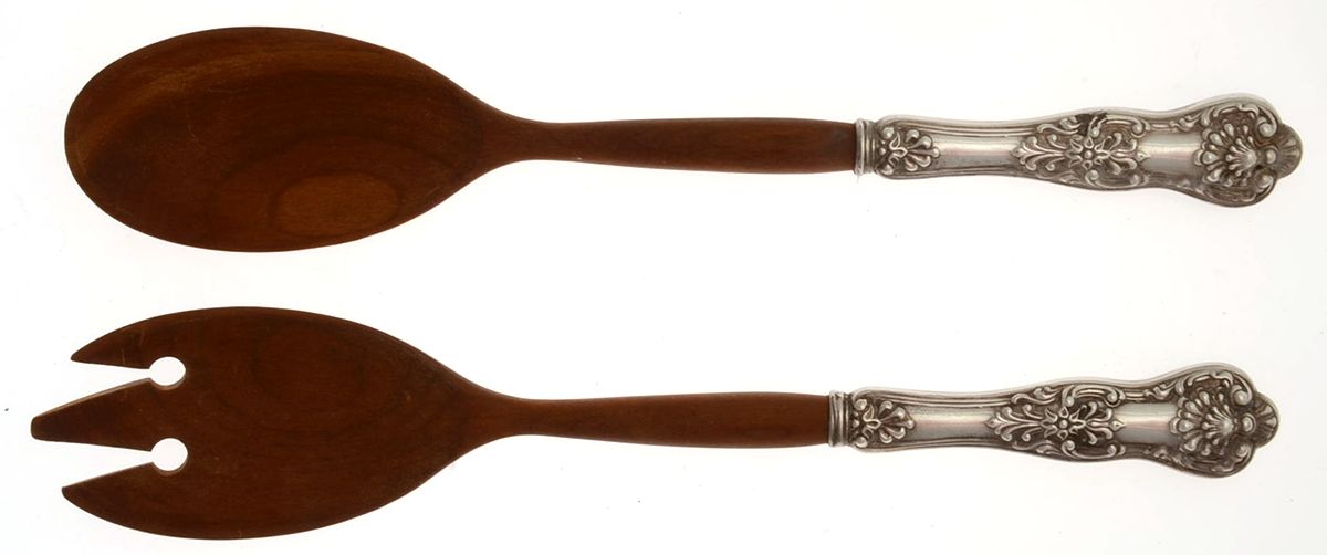 Queens (Sterling) Wooden Bowl 2 Piece Salad Set by Birks Silver-1