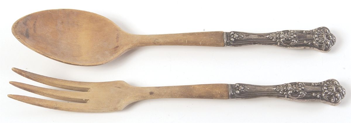 Queens (Sterling) Wooden Bowl 2-Piece Salad Set by Birks Silver-1