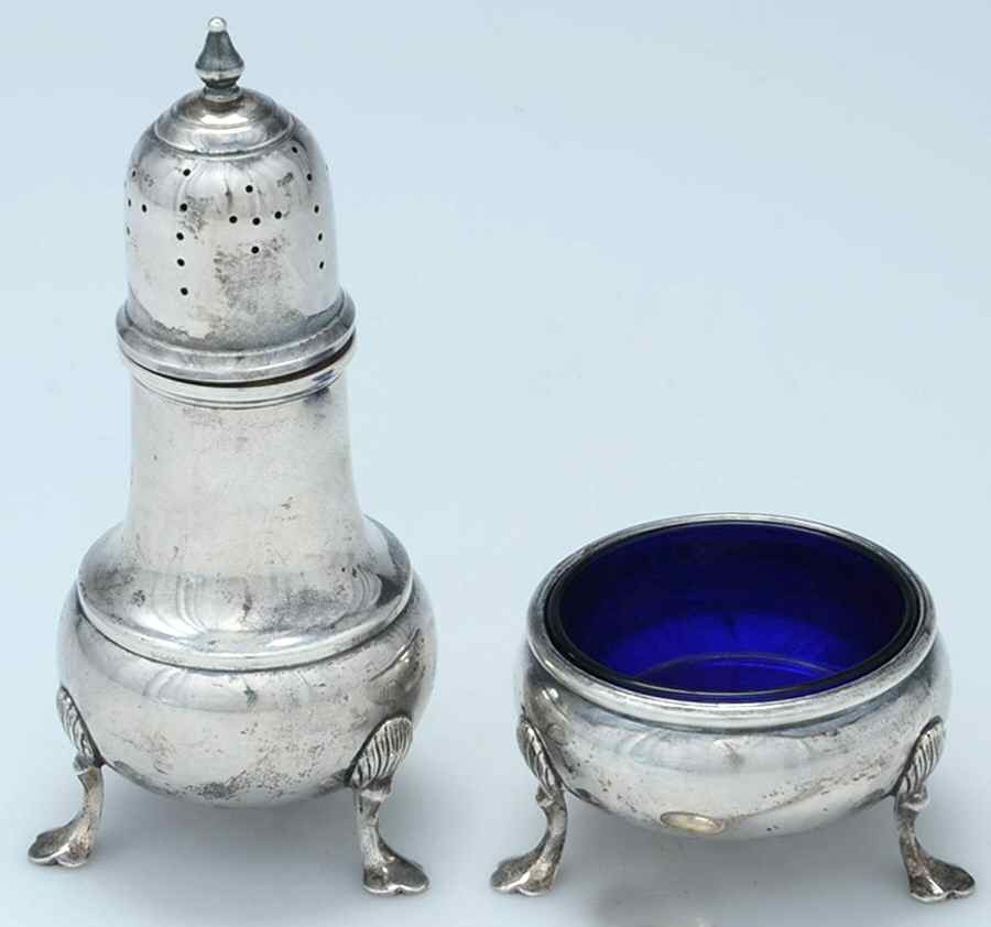 43 (Sterling, Hollowware) Open Salt Master w/Cobalt Liner & Pepper Shaker by Baldwin & Miller-1