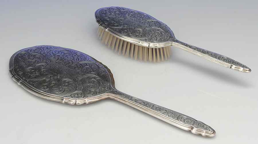 5600-Engraved (Sterling, Hollowware) 2 Pc Vanity Set (Hair Brush and Mirror) by R. Blackinton & Co-1