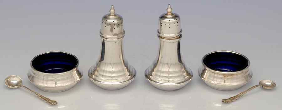 49 (Sterling, Hollowware) Open Salt Master W/Cobalt Liners & Pepper Shaker - Set of 2 by Baldwin & Miller-1