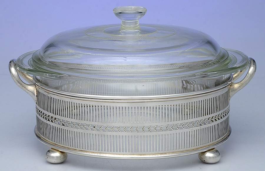 3593-63 (Sterling, Hollowware) 1.5 Qt Round Glass Casserole with Sterling Holder by Black Starr & Frost-1
