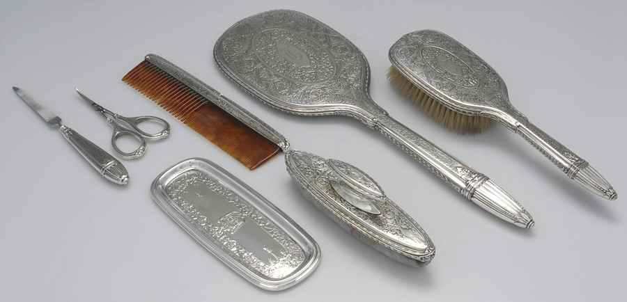 1500-Engraved (Sterling, Hollowware) 7 Piece Vanity Set by R. Blackinton & Co-1