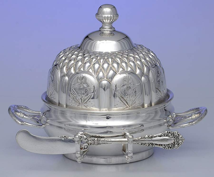 Silverplate Hollowware Round Covered Butter with Strainer & Master Knife by Barbour Bros -1
