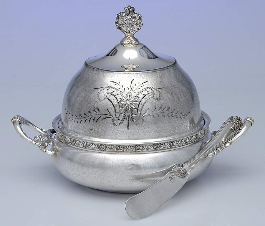 Silverplate Hollowware Round Covered Butter with Strainer & Master Knife by Biggins-Rodgers Co-1