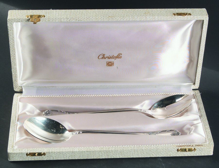 Marly (Silverplate, 1890, Glossy Handle) 2-Piece Salad Set with Case, Solid Pieces by Christofle France-1