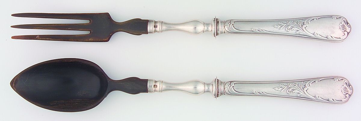 Marly (Silverplate, 1890, Glossy Handle) 2 Pc Horn Bowl Salad Set by Christofle France-1
