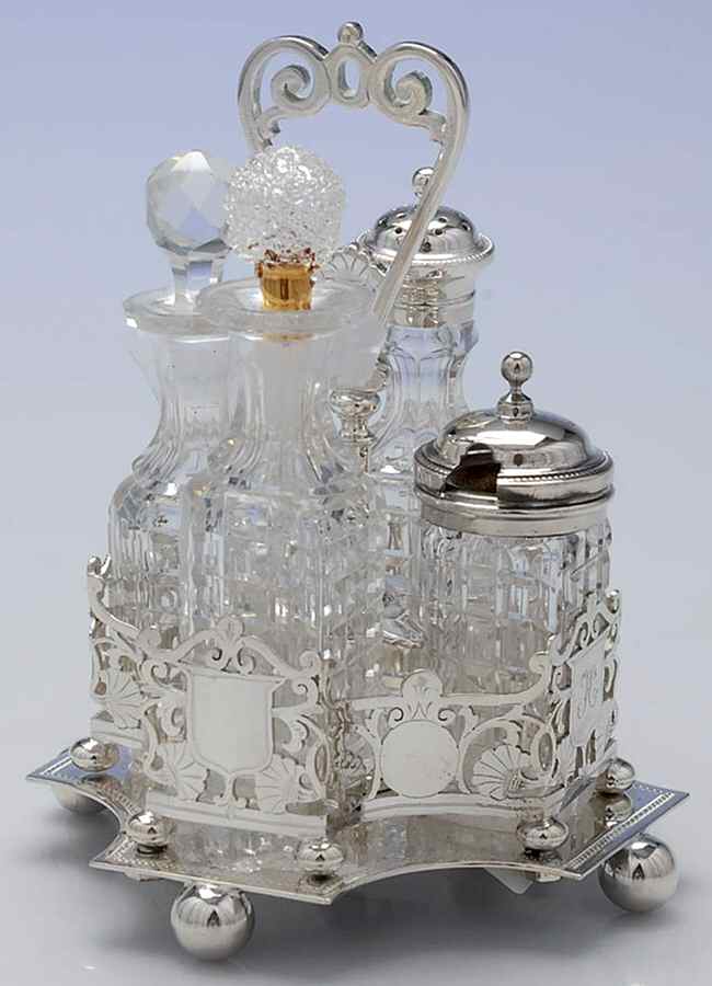 4420 (Silverplate, Hollowware) (9 Pc) Condiment Set (4 Glass Bottles & Holder by Carrington & Co-1