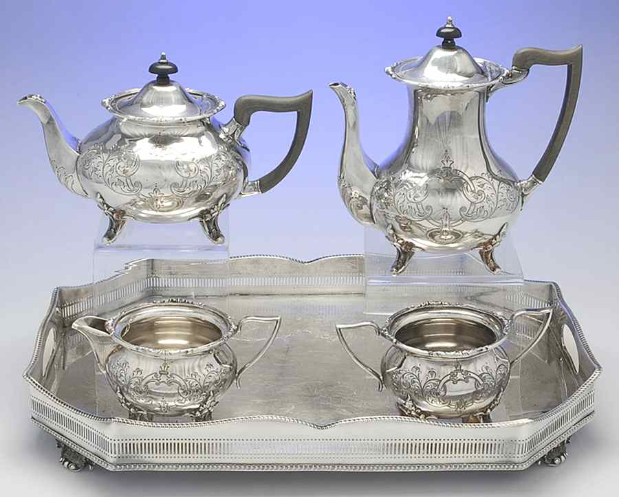 1712 (Silverplate, Hollowware) 4 Piece Tea Set (with Tray) by Cooper Bros & Sons-1