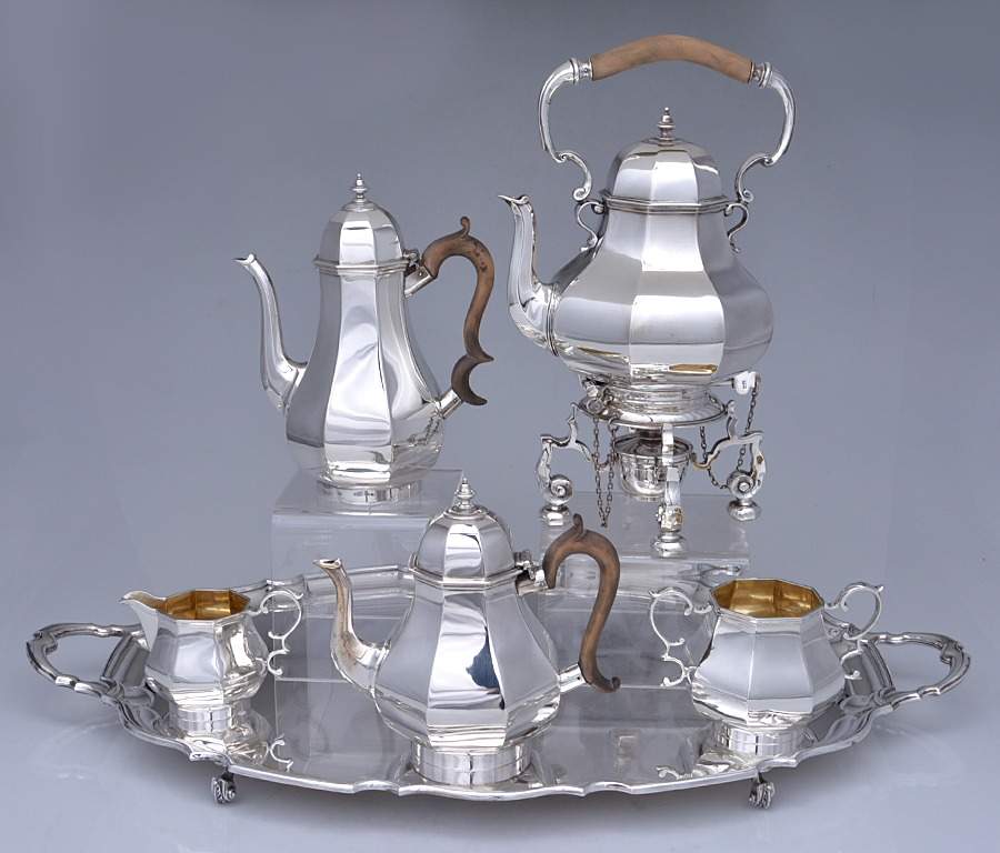 C0A2 (Sterling, Hollowware) 6 Piece Tea Set (SCP, STP, SCR, SSUO, SKES, PWTL) by Charles Stuart Harris-1