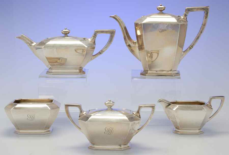 Fairfax (Sterling, Hollowware) 5 Piece Tea Set (SCP1, STP1, SCR1, SSU1, SWB1) by Durgin-1