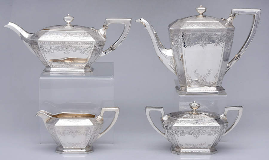 Fairfax-Engraved X (Sterling, Hollowware) 4 Piece Tea Set (SCP, STP, SCR, SSU) by Durgin-1