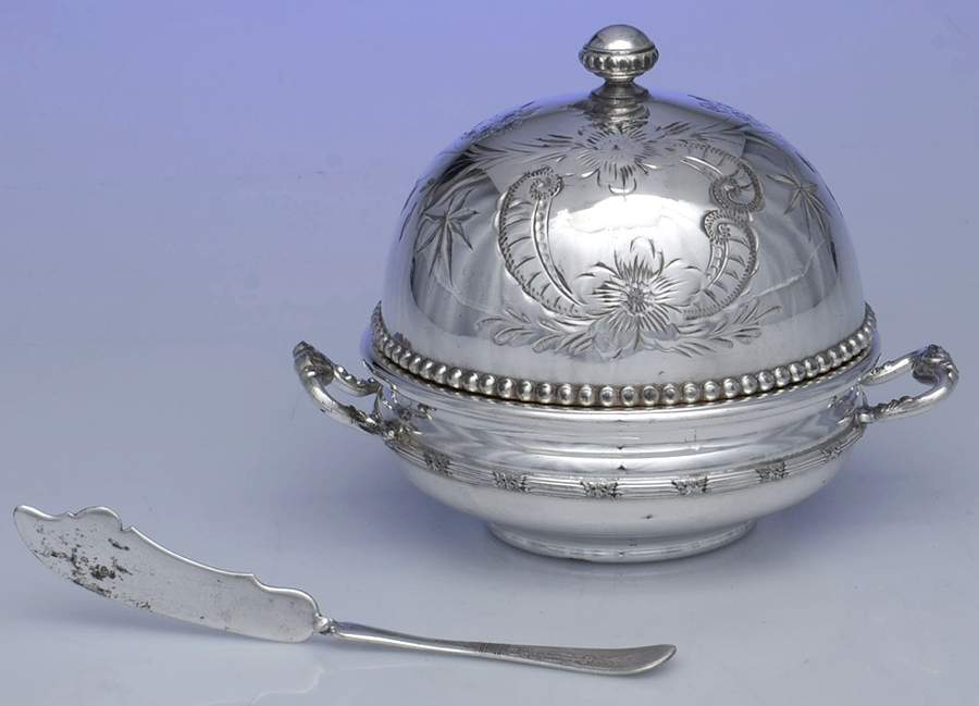 Silverplate Hollowware Round Covered Butter with Strainer & Master Knife by Derby Silver Company-1