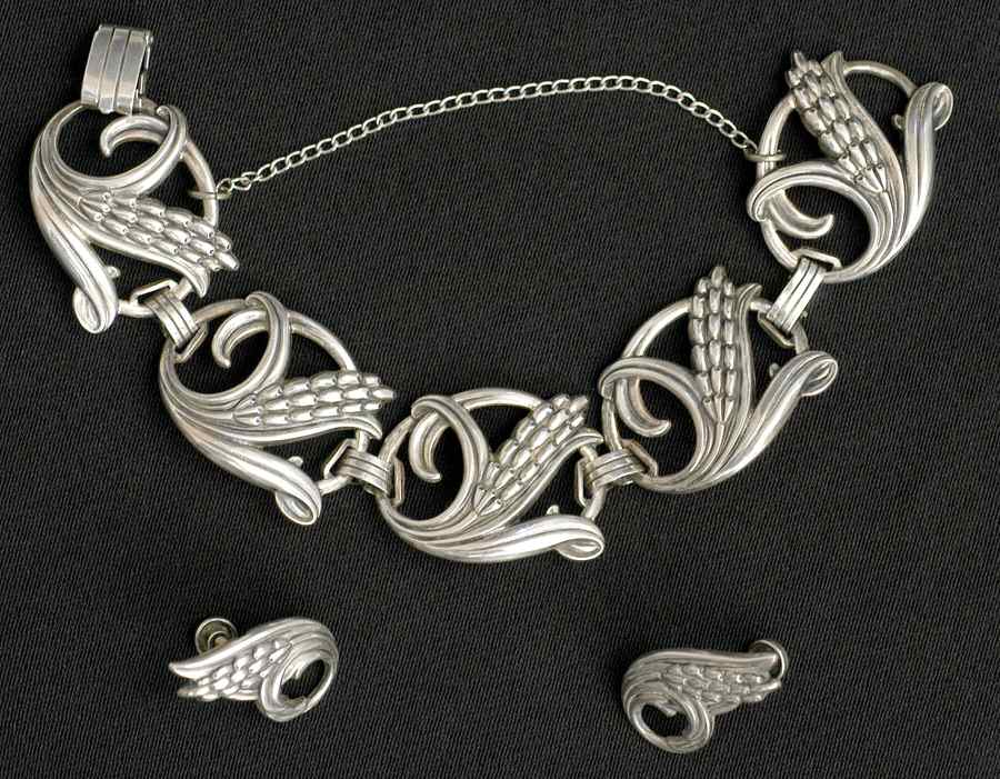 Silver Wheat (Sterling, Hollowware) 2 Earrings & Bracelet-Screw on Set by Danecraft-1