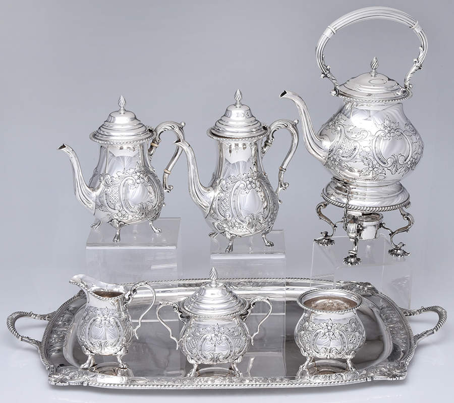 228-H (Sterling, Hollowware) 7 Piece Tea Set (SCP, STP, SCR, SSU, SWB, SKES & WTL) by Durham Sterling-1
