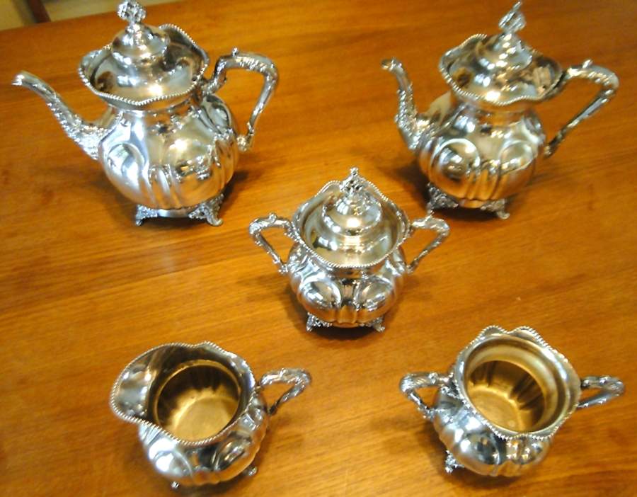 1682 (Silverplate, Hollowware) 5-Piece Plated Tea Set (with Waste) by Derby Silver Company-1