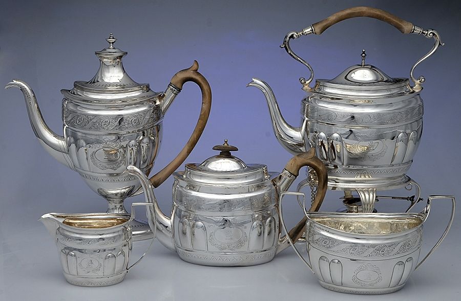 DU2 (Sterling, Hollowware) 5 Piece Tea Set (SCP, STP, SCR, SSUO, SKES) by Duncan Urquhart & Napthali Hart-1