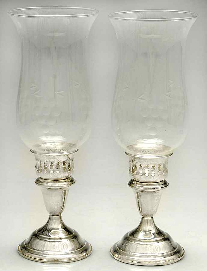 Sterling Hollowware Pair of Hurricane Lamps & Globes by Empire Silver Co-1