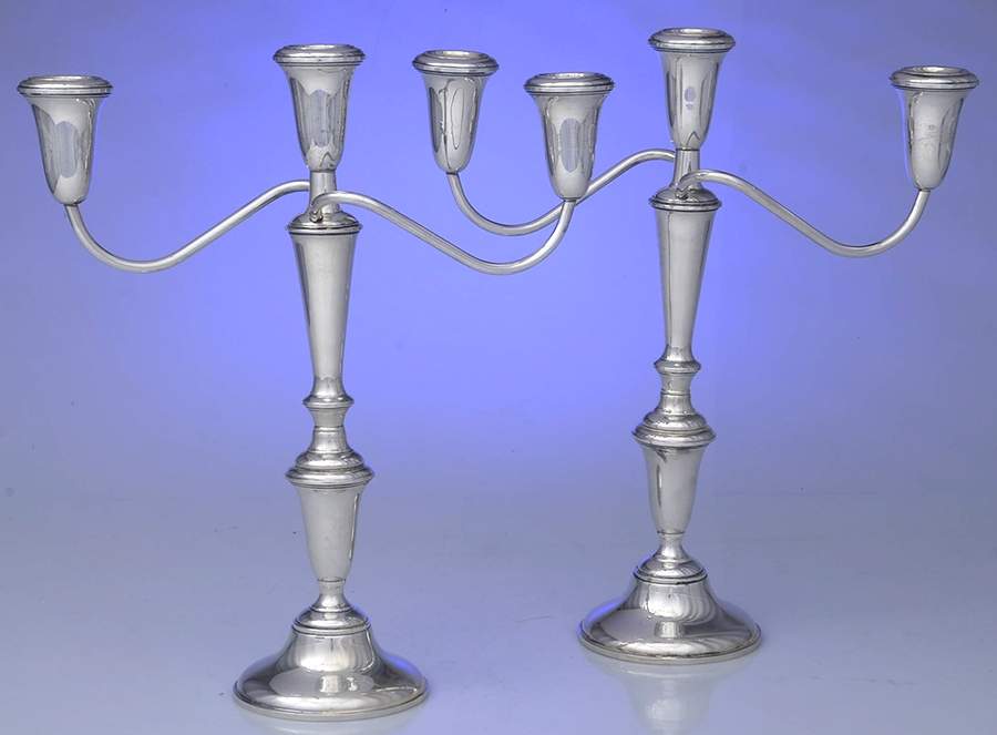 670 (Sterling, Hollowware) Pair of Weighted 3 Light Candelabra by Empire Silver Co-1