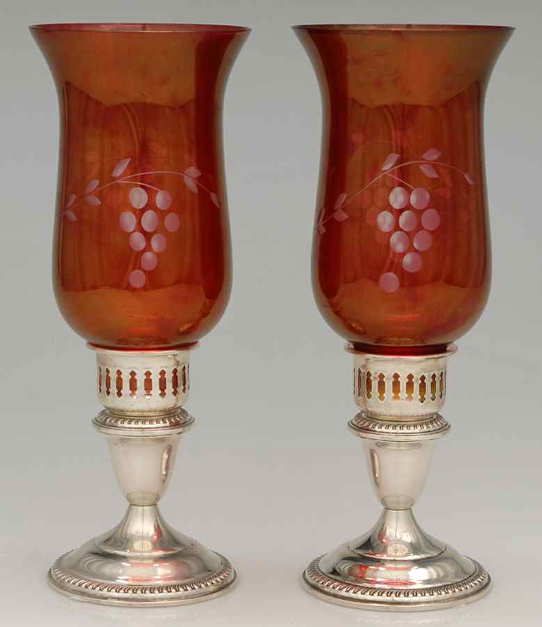 44 (Sterling, Hollowware) Pair of Hurricane Lamps & Globes by Empire Silver Co-1
