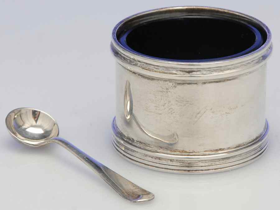 Sterling Hollowware Individual Open Salt W/Cobalt Liner & Spoon by Elkington-1
