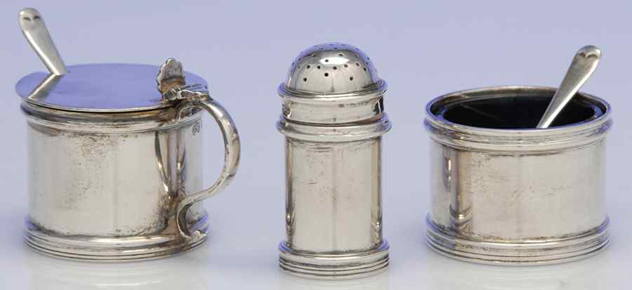 Sterling Hollowware Individual Open Salt, Peper Shaker & Mustard with Spoon by Elkington-1