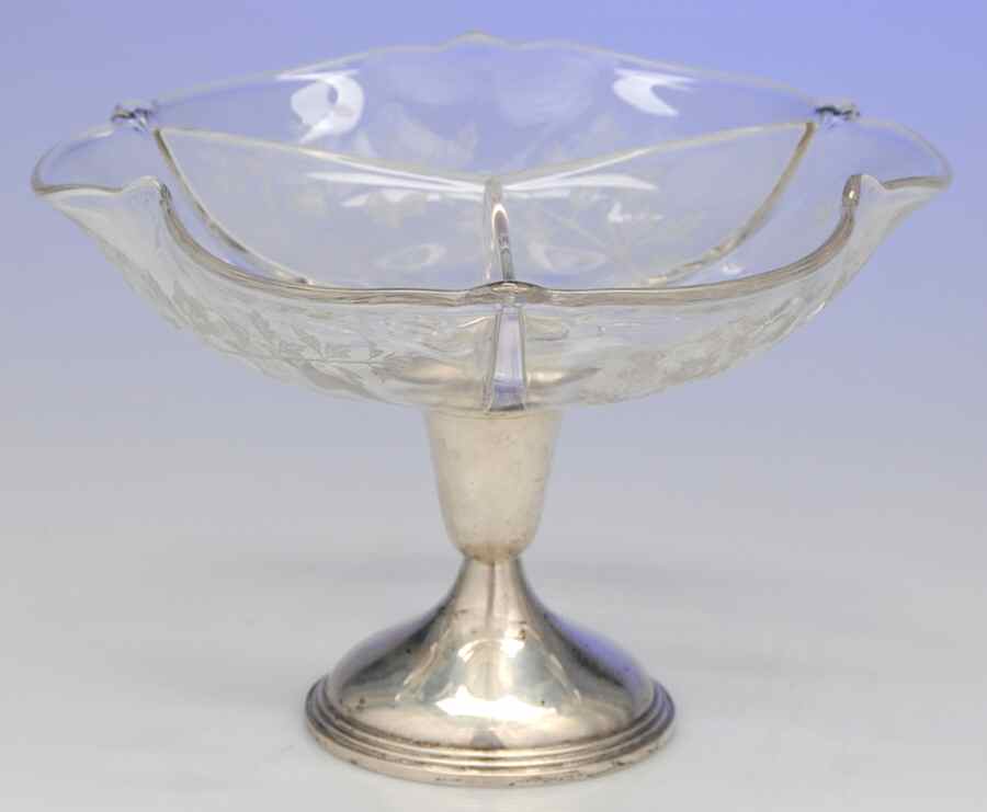 389 (Sterling, Hollowware) Divided Glass Compote with Sterling Base by Empire Silver Co-1