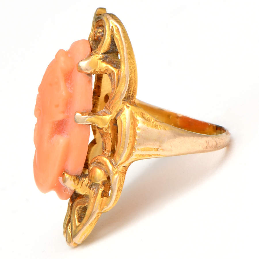 14KY Art Nouveau Lady Coral Cameo Ring-3