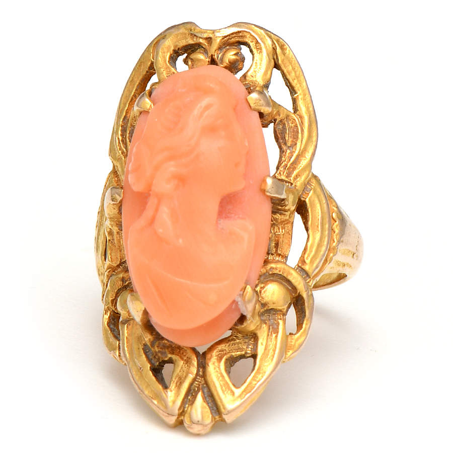 14KY Art Nouveau Lady Coral Cameo Ring-1