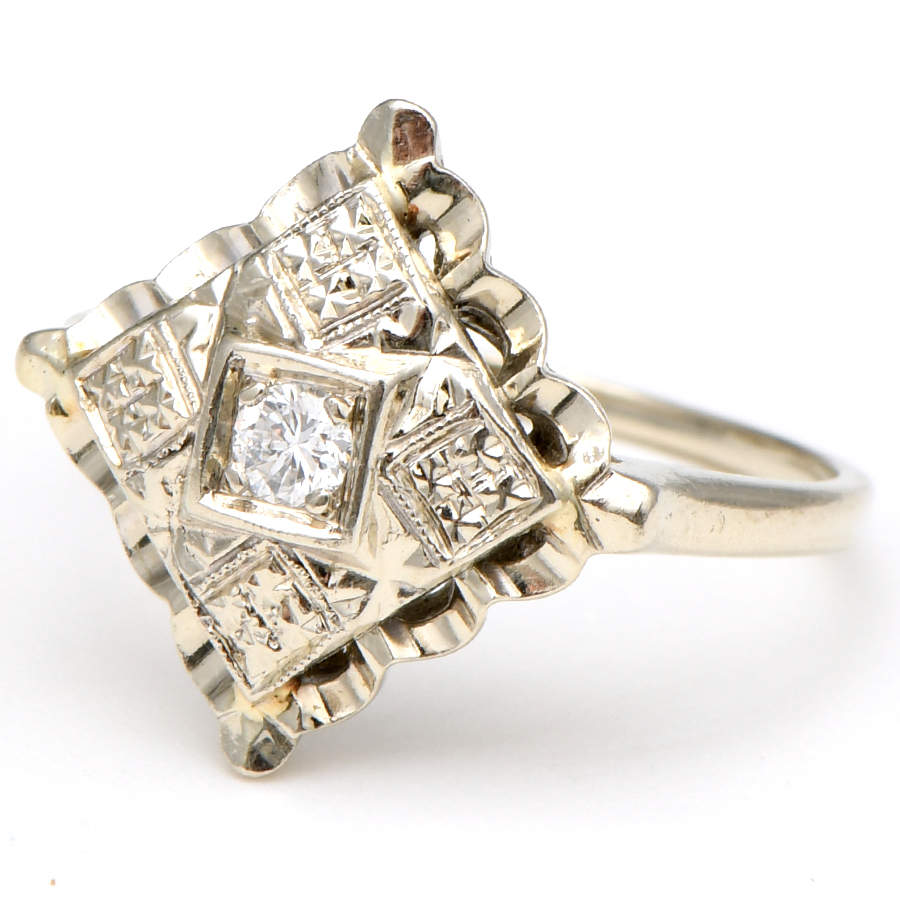 14KW Vintage Inspired Diamond (0.10) Accent Square Ring-1