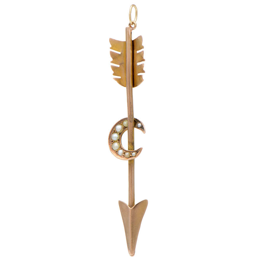 10KY Arrow, Seed Pearl & Crescent Moon Pendant-1